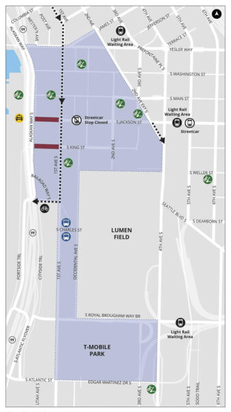 Map of stadium district showing Lumen Field and T-Mobile Park, transit waiting areas, streetcar routes, and stops marked nearby.