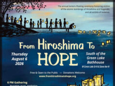 Event Calendar from July 24th Print Issue Poster for 'From Hiroshima To HOPE'—an annual lantern-floating ceremony honoring victims of Hiroshima and Nagasaki; lanterns light the water near Green Lake Bathhouse, Seattle, on Aug 6, 2026 with an evening program.