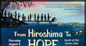 Poster for 'From Hiroshima To HOPE'—an annual lantern-floating ceremony honoring victims of Hiroshima and Nagasaki; lanterns light the water near Green Lake Bathhouse, Seattle, on Aug 6, 2026 with an evening program.