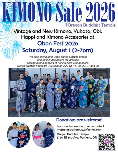 Poster for KIMONO Sale 2026 at Oregon Buddhist Temple celebrating Obon Fest 2026; Aug 1, 2–7pm; group of people in colorful kimonos with a blue fireworks backdrop; donations welcome; Portland, OR (3720 SE 34th Ave) — contact shown on poster.