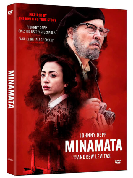 DVD cover art for Minamata featuring Johnny Depp and a woman against a red background, with the title and film credits visible.