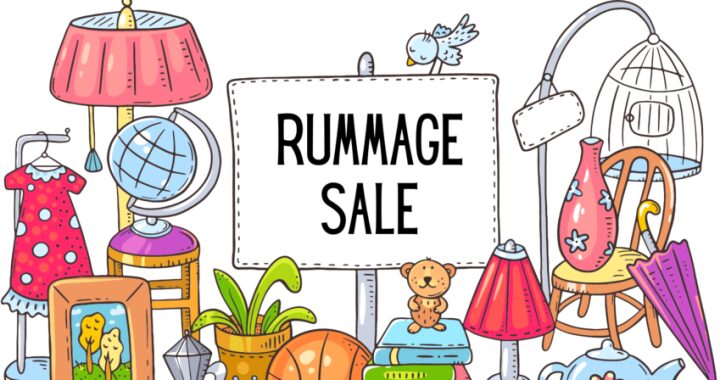 Colorful assortment of rummage sale items around a central sign reading 'RUMMAGE SALE' including clothing, lamp, globe, plants, teddy bear, books, and a birdcage.