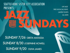 Jazz Sundays poster announcing live jazz by the Seattle-Kobe Sister City Association, with weekly Sundays and listed artists Greta Matassa, Josephine Howell, Oliva James, Stina Tillotson, Jennifer Kienzle, and Leah Natale at Cocoa Legato in Seattle; shows 4–6 PM with RSVP QR code, free with limited tickets, all ages; venue address 8420 Greenwood Ave N.