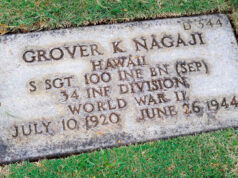 Gravestone on a grassy lawn reading Grover K. Nagaji, S/Sgt, 100th Infantry Battalion, 34th Infantry Division, World War II; born July 10, 1920, died June 15, 1944.