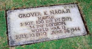 Gravestone on a grassy lawn reading Grover K. Nagaji, S/Sgt, 100th Infantry Battalion, 34th Infantry Division, World War II; born July 10, 1920, died June 15, 1944.