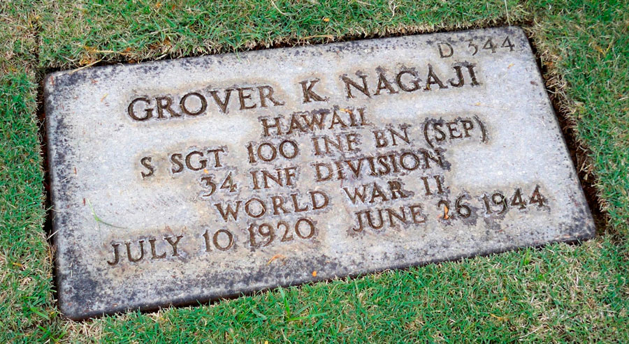 Gravestone on a grassy lawn reading Grover K. Nagaji, S/Sgt, 100th Infantry Battalion, 34th Infantry Division, World War II; born July 10, 1920, died June 15, 1944.