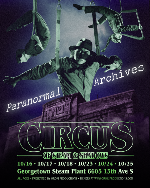 Promotional poster for Circus of Steam & Shadows with aerial performers, 'Paranormal Archives' text, and event dates.