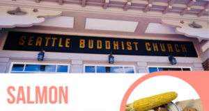 Flyer for Salmon Dinner Fundraiser at Seattle Buddhist Church with date Sept 26, 1–5 PM; order deadline Sept 16; drive-thru and pre-orders available; menu includes salmon entree, ohagi, pies, roasted corn; proceeds support the church's anniversary.