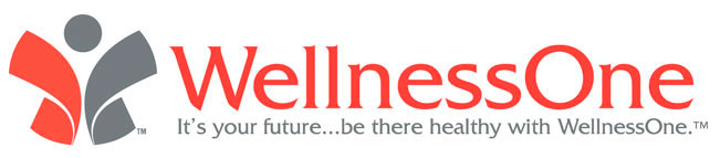 WellnessOne logo: red 'WellnessOne' wordmark with an abstract gray/red icon and the slogan, "It's your future...be there healthy with WellnessOne."