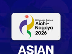 A white rounded rectangle logo with the 20th Asian Games Aichi-Nagoya 2026 symbol above bold 'ASIAN GAMES' text on a dark blue background, plus 'LIVE & EXCLUSIVE' badge below.