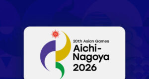 A white rounded rectangle logo with the 20th Asian Games Aichi-Nagoya 2026 symbol above bold 'ASIAN GAMES' text on a dark blue background, plus 'LIVE & EXCLUSIVE' badge below.