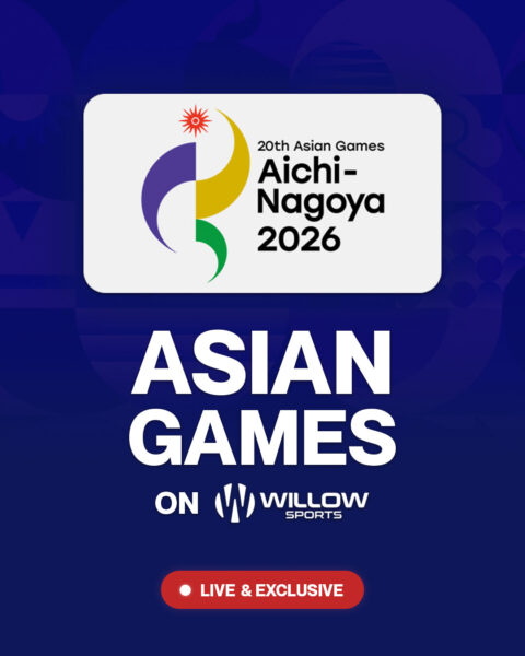 A white rounded rectangle logo with the 20th Asian Games Aichi-Nagoya 2026 symbol above bold 'ASIAN GAMES' text on a dark blue background, plus 'LIVE & EXCLUSIVE' badge below.