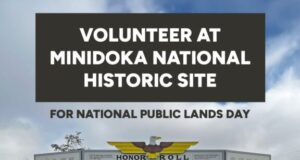Volunteer at Minidoka National Historic Site Group of eight volunteers with shovels posing in front of the Minidoka National Historic Site Honor Roll boards, promoting National Public Lands Day (Sept 26).