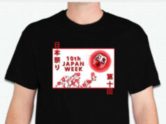 10th Annual Japan Week at Bellevue College Black T-shirt with a red-and-white poster-like graphic: '10th JAPAN WEEK', cherry blossoms, and a red Daruma doll.