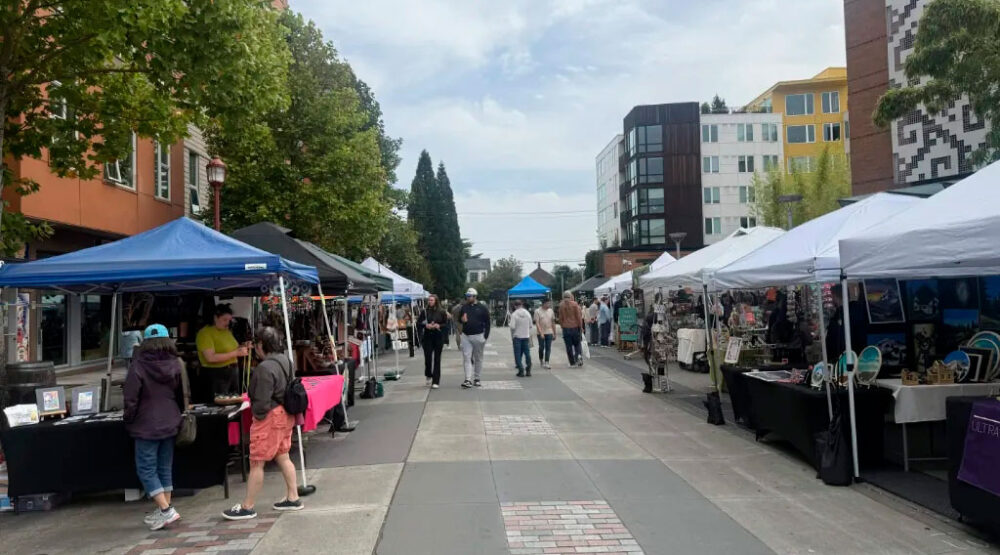 Outdoor street market with white vendor tents lining both sides; people browse stalls and chat on a sunny day.