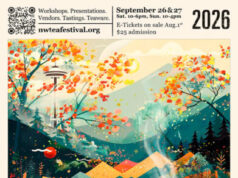 Northwest Tea Festival 2020 poster: steaming tea cup on a wooden table in a colorful autumn forest, with a fox and a mouse and event details.
