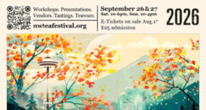 Northwest Tea Festival 2020 poster: steaming tea cup on a wooden table in a colorful autumn forest, with a fox and a mouse and event details.
