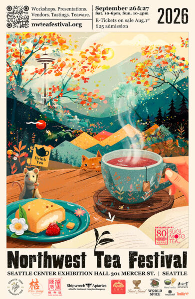 Northwest Tea Festival 2020 poster: steaming tea cup on a wooden table in a colorful autumn forest, with a fox and a mouse and event details.