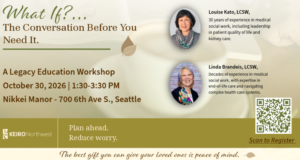 Free Workshop on End-of-Life Planning Promotional flyer for the 'What If? The Conversation Before You Need It' workshop with two speaker photos, date, location, and a registration QR code.