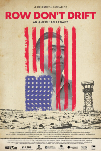 Poster for the documentary Row Don't Drift with a bold red title, red vertical stripes over a grayscale portrait, a tattered U.S. flag, a watchtower, and a desert landscape below.